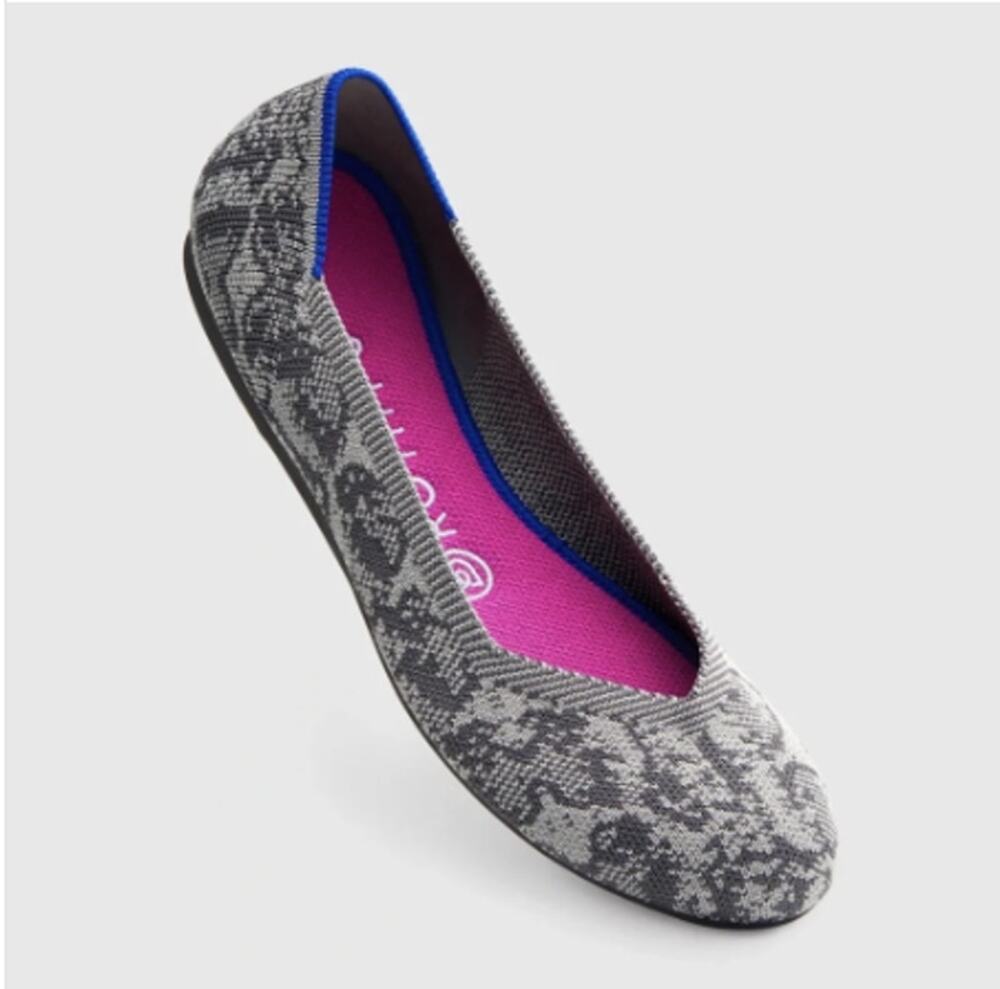 Rothy's The Flat Round Toe Stone Gray Snake Print Slip On Shoes Size 8.5 EUC